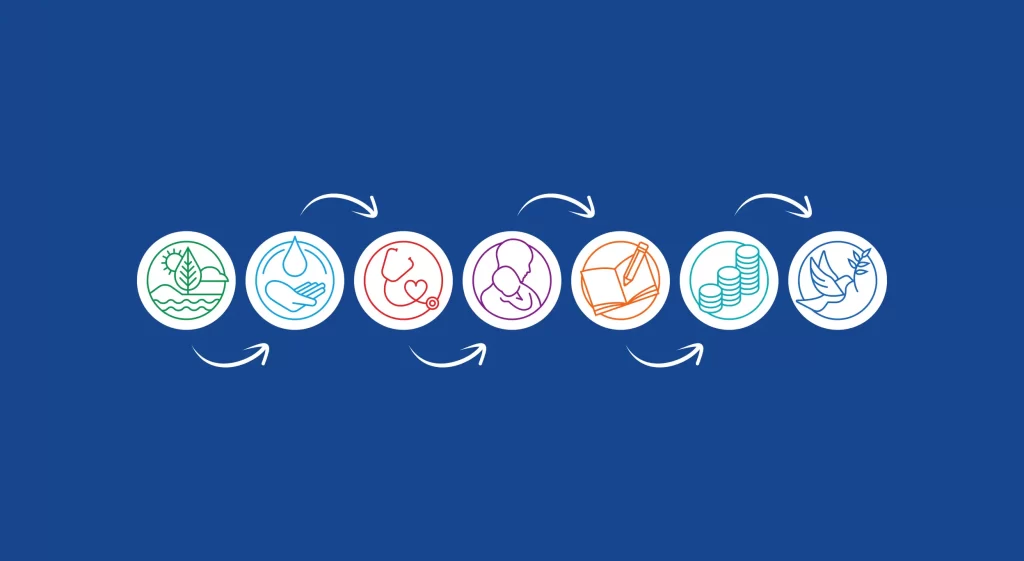 Diagrama lineal que muestra las siete áreas de interés de Rotary en un orden lógico de causa y efecto, comenzando con la protección del medioambiente y terminando con el fomento de la paz.